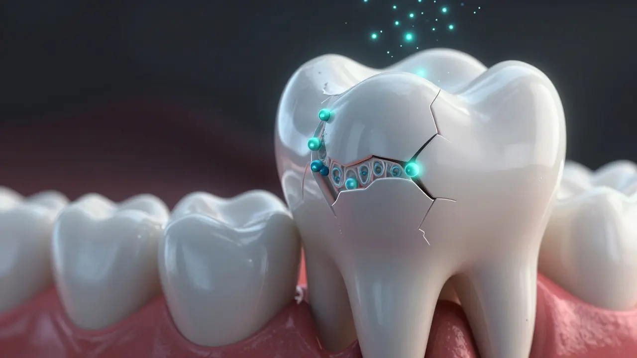 Symbolický obraz zubu obklopený fluoridovými ionty, které ho obnovují.