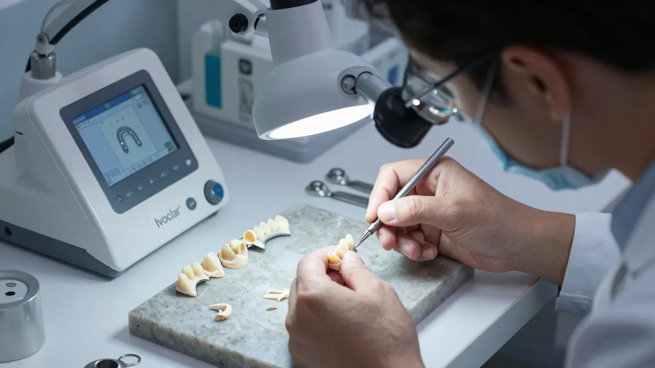 Technik v zubní laboratoři jemně upravuje keramické plátky pro veneers.