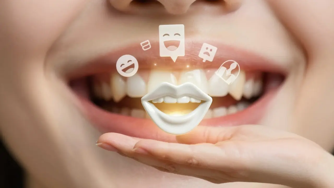 Tenká keramická fazeta visí ve vzduchu nad úsměvem, symbolizující přeměnu sebevědomí.