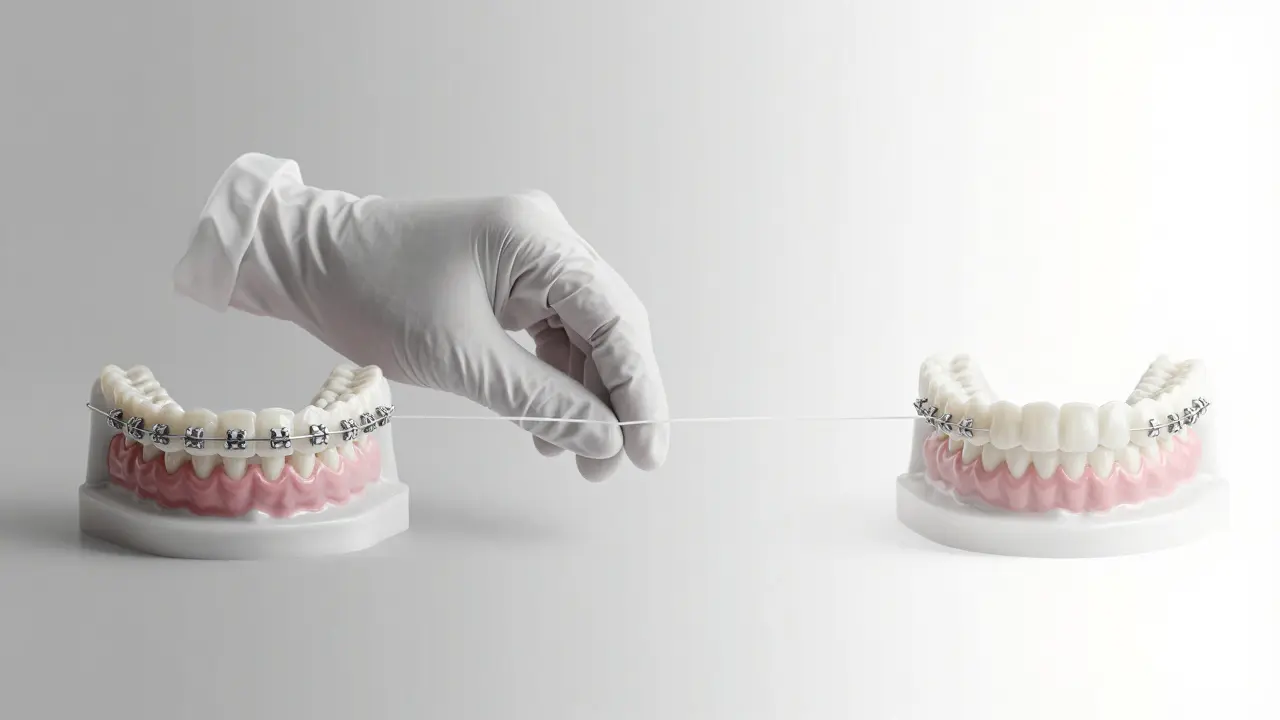 Tři fáze ortodontické léčby: bez nitě, během použití nitě a po dokončení s vyrovnanými zuby.