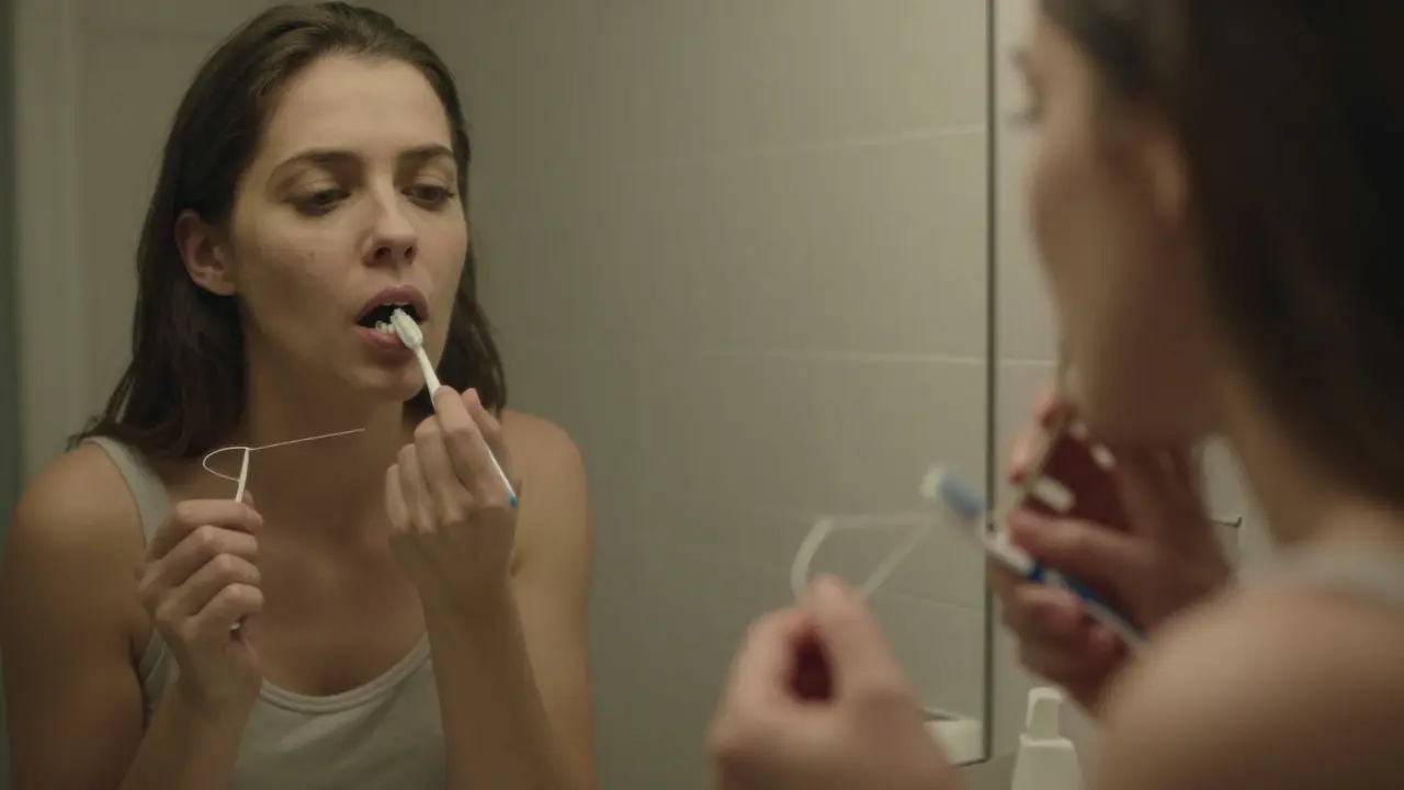 Žena se dívá do zrcadla a pozoruje bílé skvrny na dásních