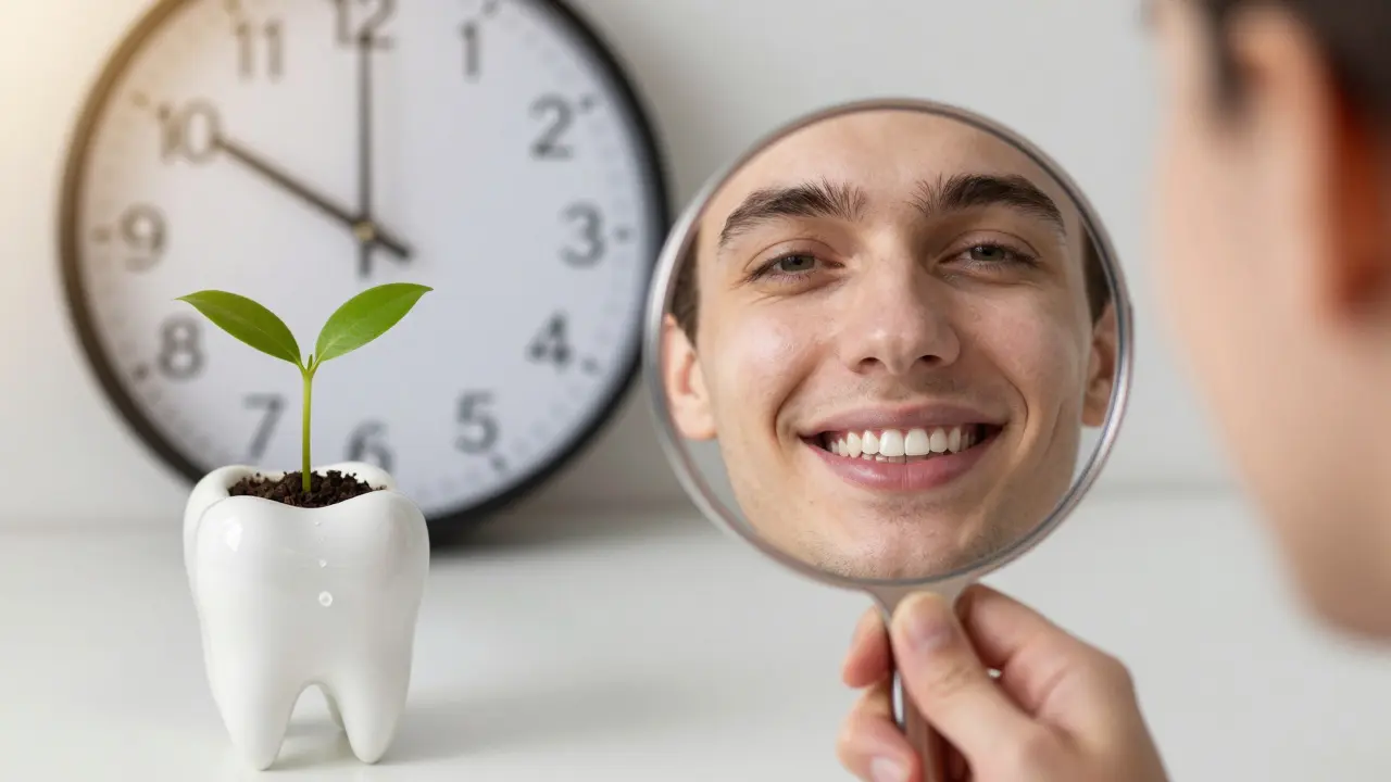Zrcadlo odrazí zdravý úsměv s rekonstruovaným chrupem, symbolizující péči za pět minut denně.