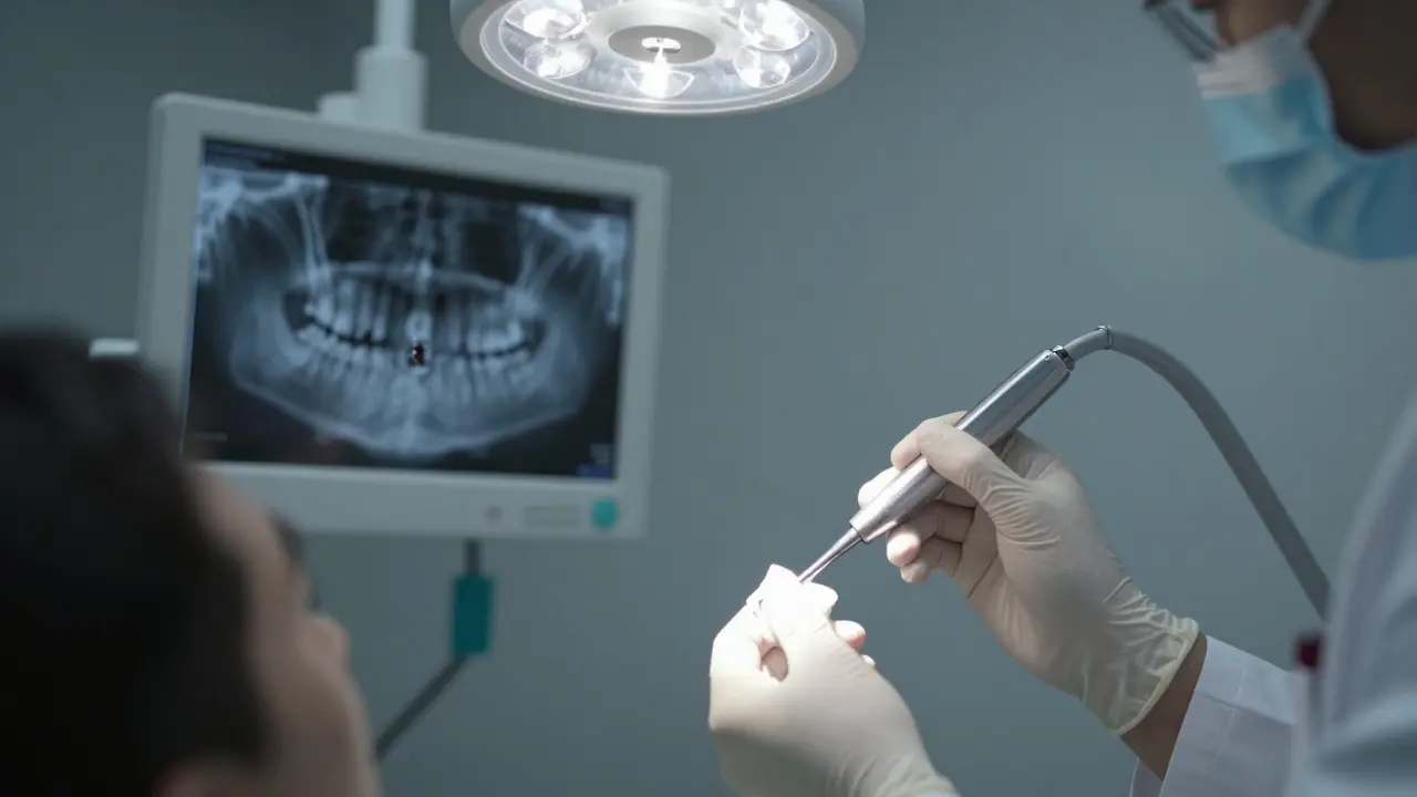Zubař odstraňuje poškozený kořen zubu v klinice