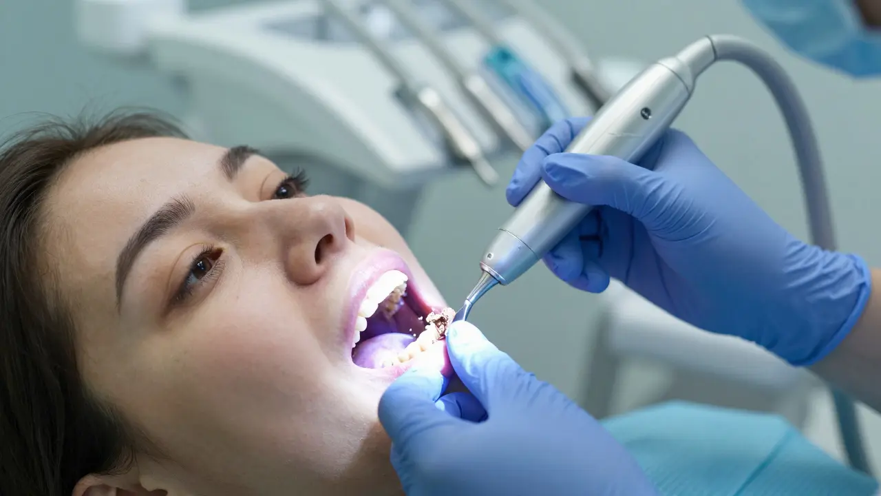 Zubní hygienistka odstraňuje kámen ultrazvukovým skrabákem