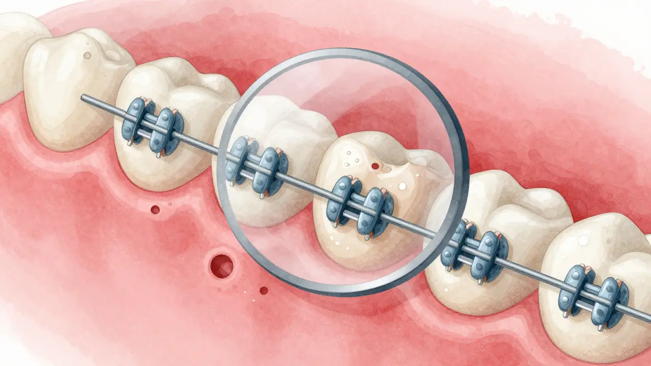 Zvětšený pohled na zub s bakteriemi a demineralizací emalu kolem rovnátek.