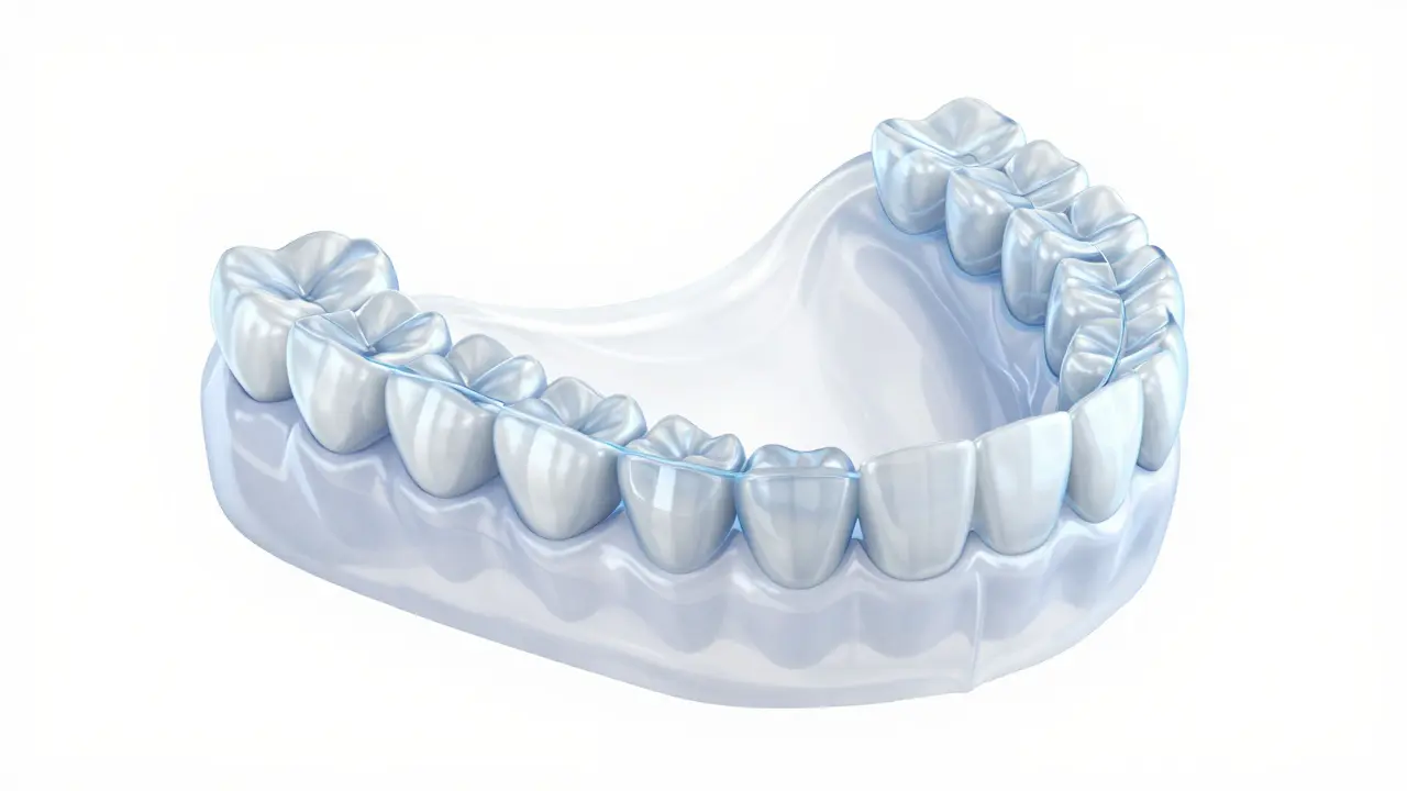 3D model zubního oblouku s přechodnými polohami zubů a průhlednými rovnátky.