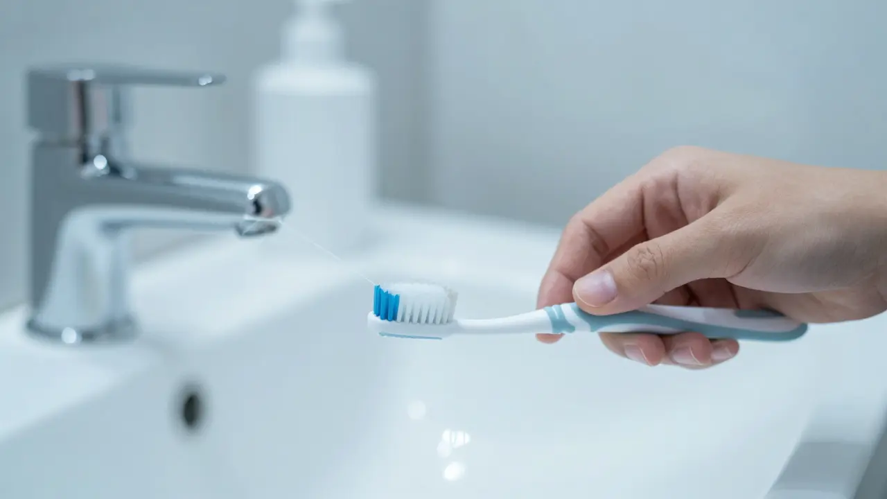 Čištění zubů měkkým kartáčkem a nití po jídle s rovnátky.