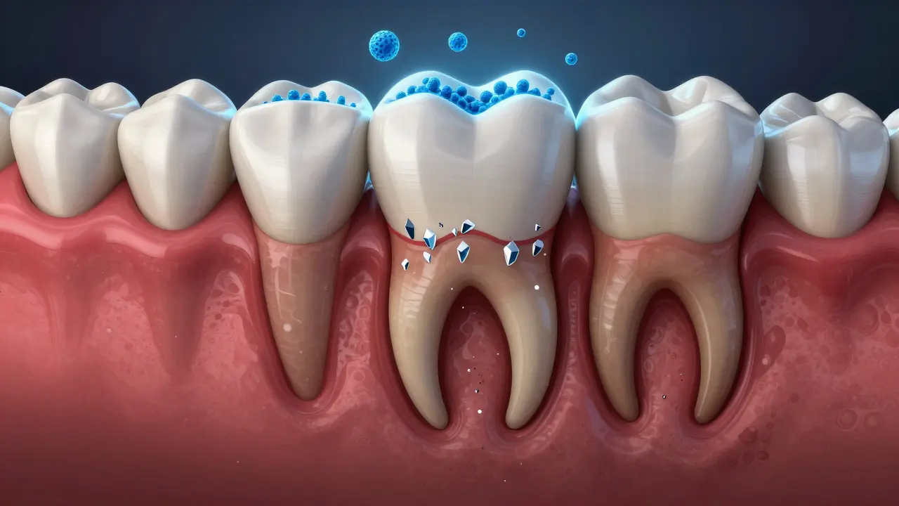 Cross-section of tooth and gum showing hidden calculus deposits, inflamed tissue, and early bone loss.