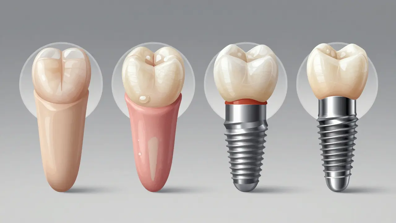 Čtyři typy oprav předního zubu: kompozit, porcelánová vložka, zirkoniová korunka a implantát.