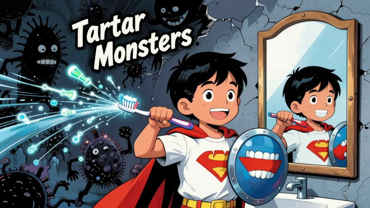 Dítě jako hrdina s češkou jako štítem, bojující proti bakteriím, které zničují zuby.