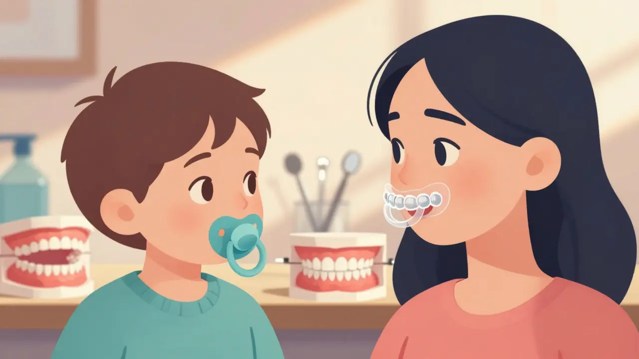 Dítě s pylónem a dospělý s neviditelnými rovnadami, symbolizující různé fáze léčby předkusu.