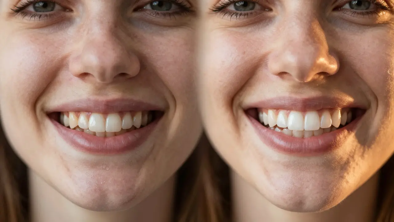 Dva vzhledy téže osoby: před a po aplikaci zubních fazet.