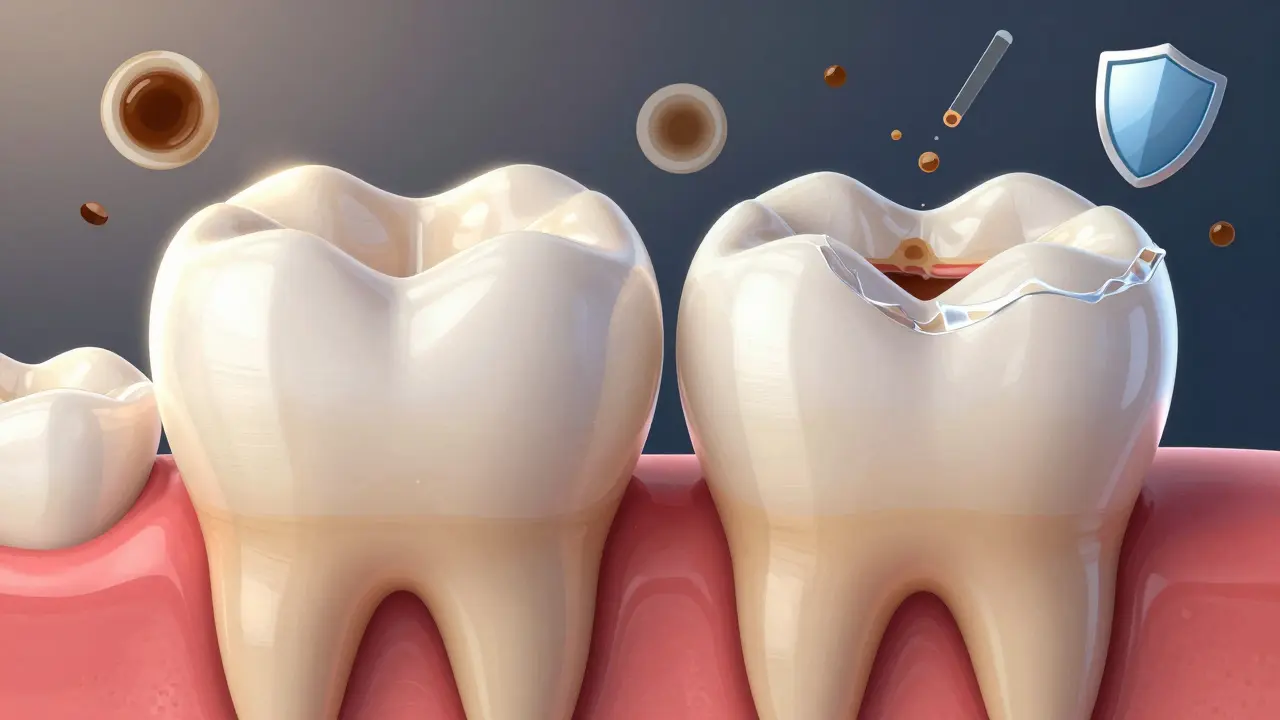 Dva zuby vedle sebe: zdravý s celistvým sklovitým obalem a poškozený s tenkým, průhledným povrchem.