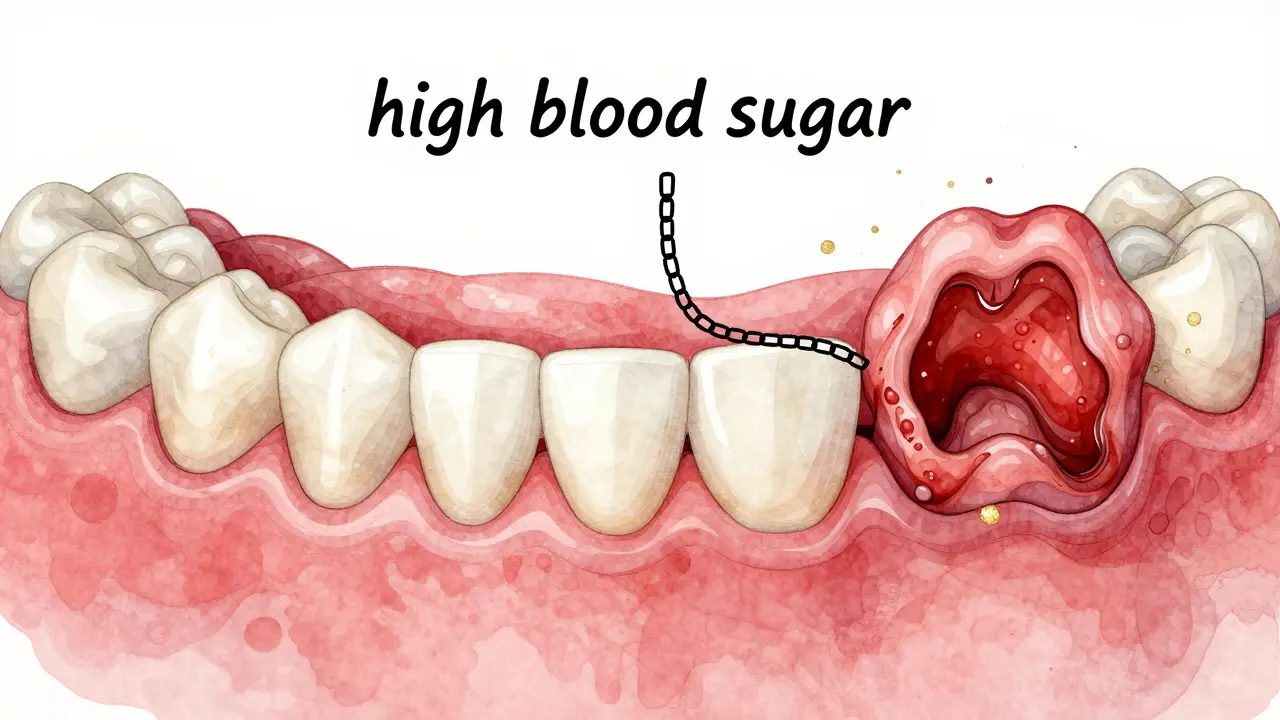 Dvě části obrázku: zdravé a zánětlivé dásně spojené šňůrkou s vysokou hladinou cukru.