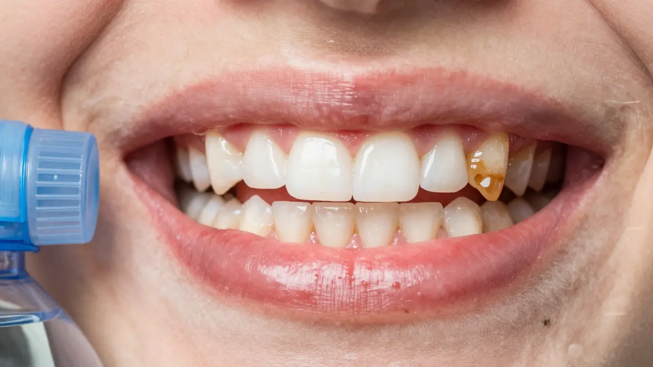 Dvě strany úst: zdravé oproti plaku a zánětu dásní.