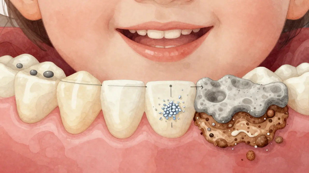 Ilustrace procesu tvorby zubního kamene: plak se mění v tvrdý minerální nárust na povrchu zubu.