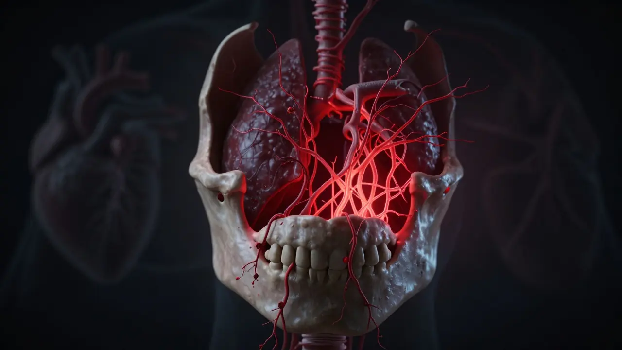 Infekce šířící se z otevřené zubní díry do krevního oběhu a sinů.