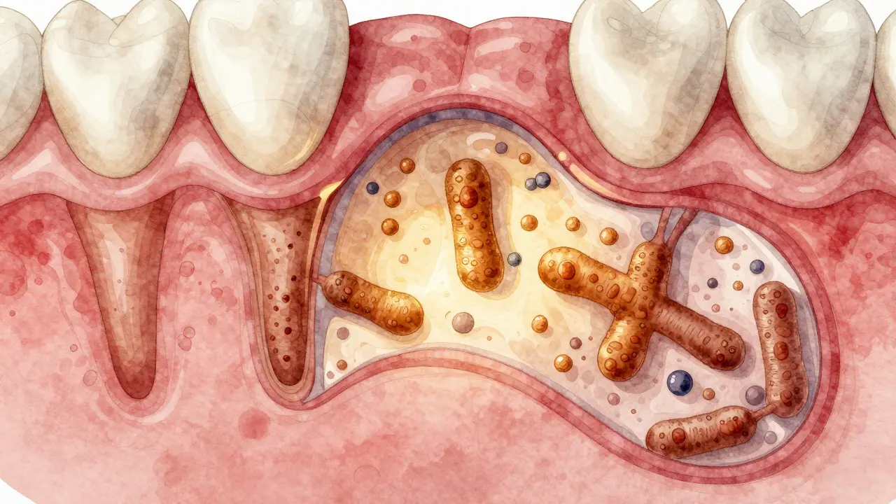 Infikované zubní jamy před periodontální kyretáží.