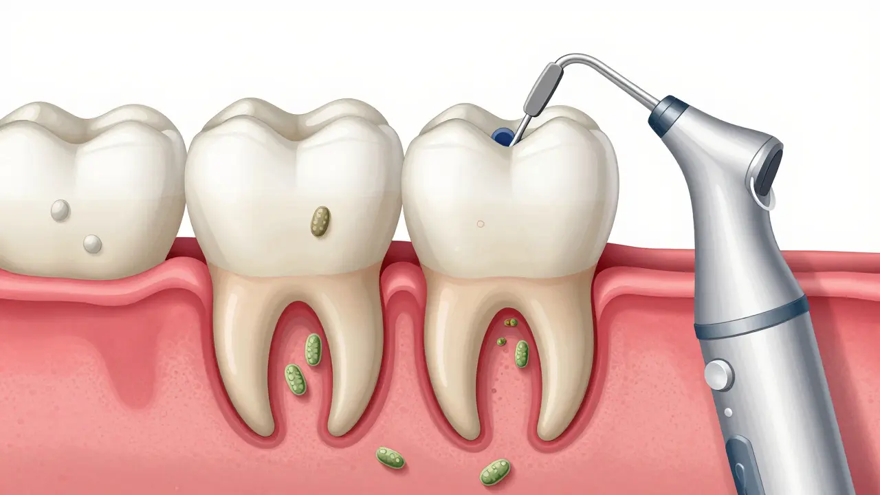 Křížový řez zubu a dásně s kalcifikovaným kamenem pod dásní a zubním nástrojem pro odstranění.