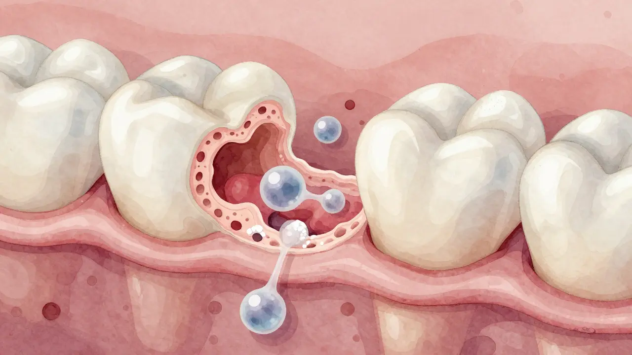 Microscopický pohled na bakterie a kyselinu, které pomalu erodují zubní email.