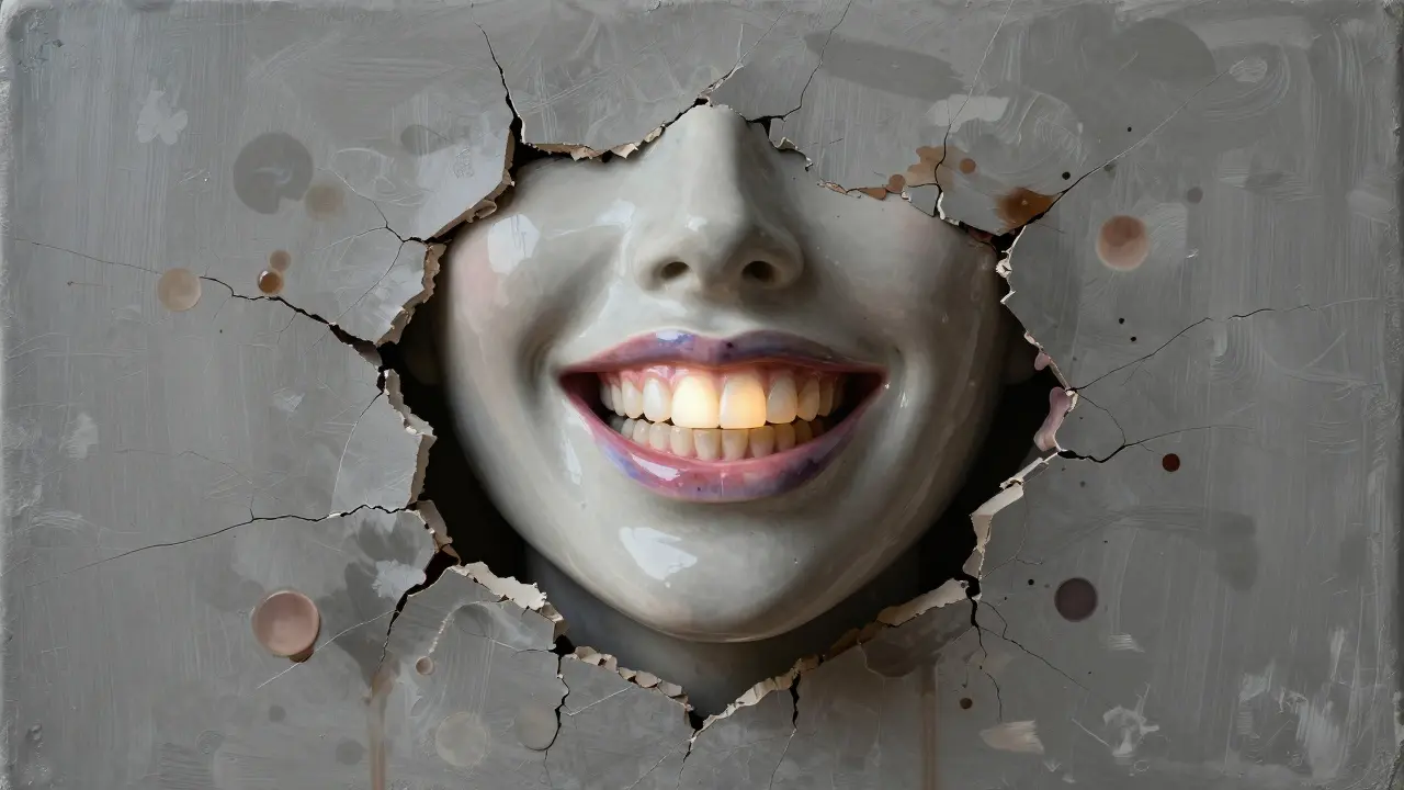 Obličej vycházející z šedého plátna, nahrazený leskou, přirozenou úsměvem s keramickými fazetami.