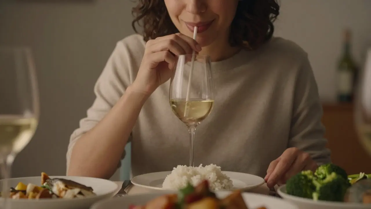 Osoba pije bílé víno přes slámku u stolu s neutrálními potravinami.