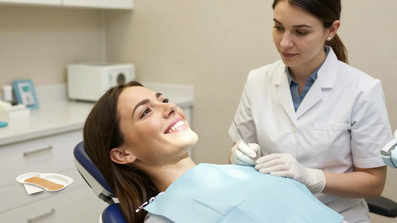 Pacient s bělejším úsměvem v ordinaci vedle bělicích pásek a přizpůsobené nápravy.