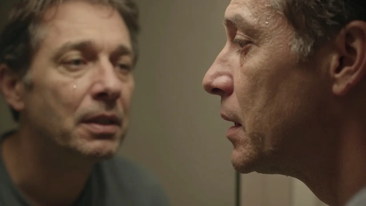 Person looking in mirror with reflection revealing receding gums and exposed tooth roots.