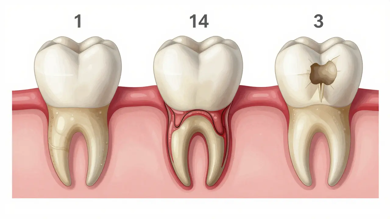 Postupné zhojení zubní díry od dne 1 do 3 měsíců s ukázkou ztráty kosti.