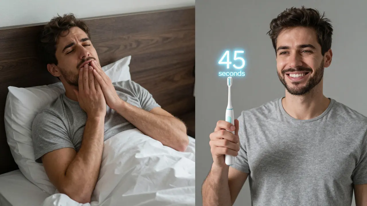 Před a po: bolest zubů vs. důvěra při používání sonického kartáčku během cestování.