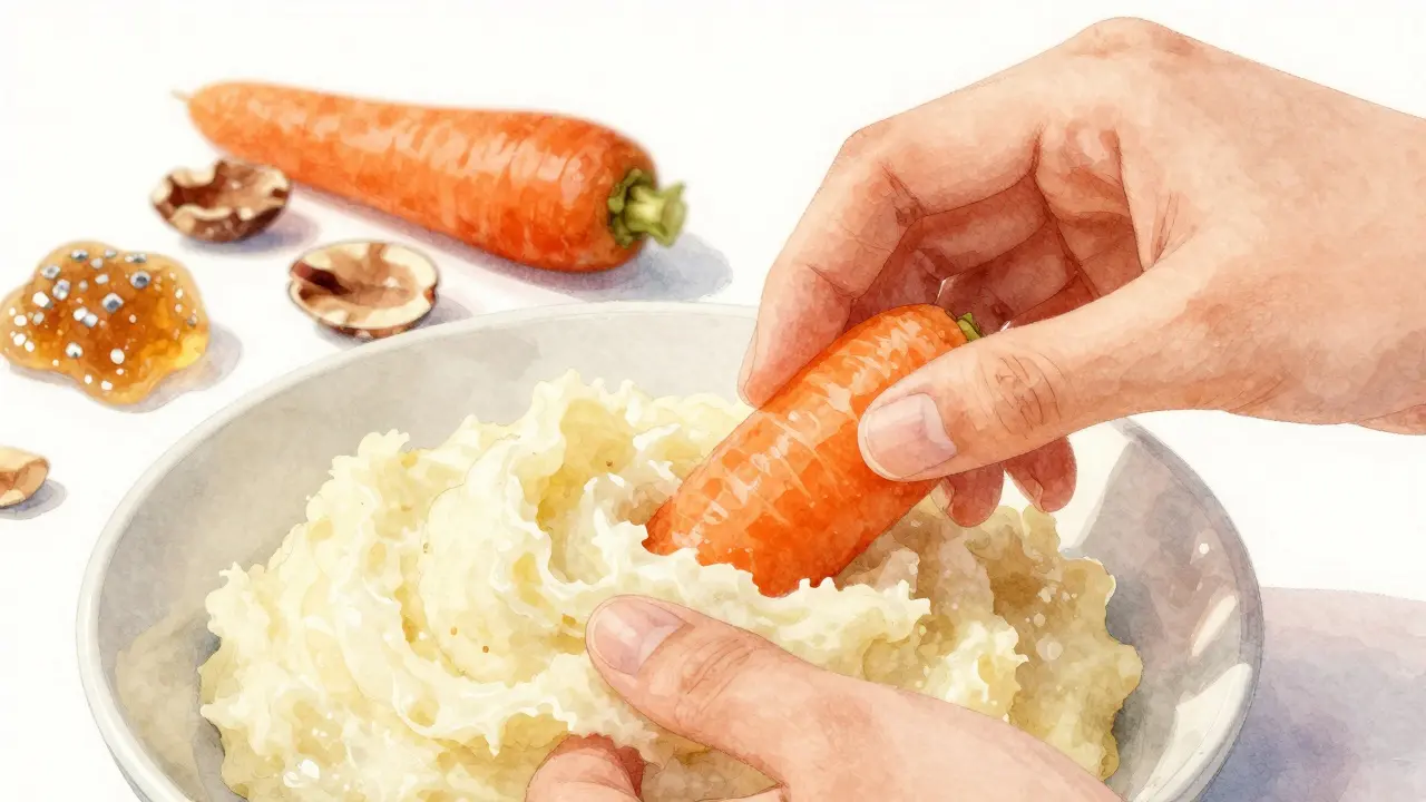 Příprava měkkého bramborového pyré s mrkví a vyhýbání tvrdým ořechům.