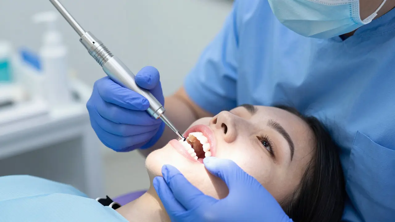 Profesionál aplikuje nízkokoncentrovaný bělící gel do zubních šablon.