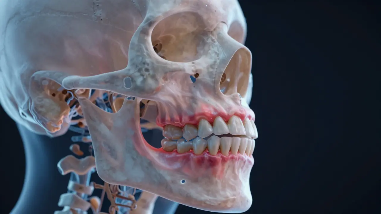 Průhledný lebka ukazující poškození zubů a čelisti způsobené neřešeným předkusem.
