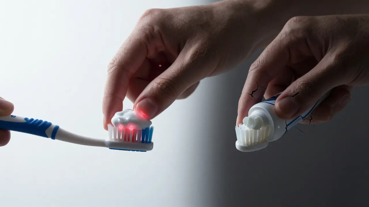 Ruka čistí zuby jemným kartáčkem s fluoridovou pastou, zatímco stínová ruka používá abrazivní pastu s varovnými symboly.