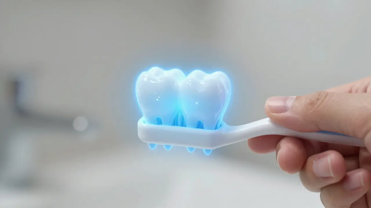 Rukou čistící zuby, kde světlo symbolizuje obnovu zubního emailu fluoridem.