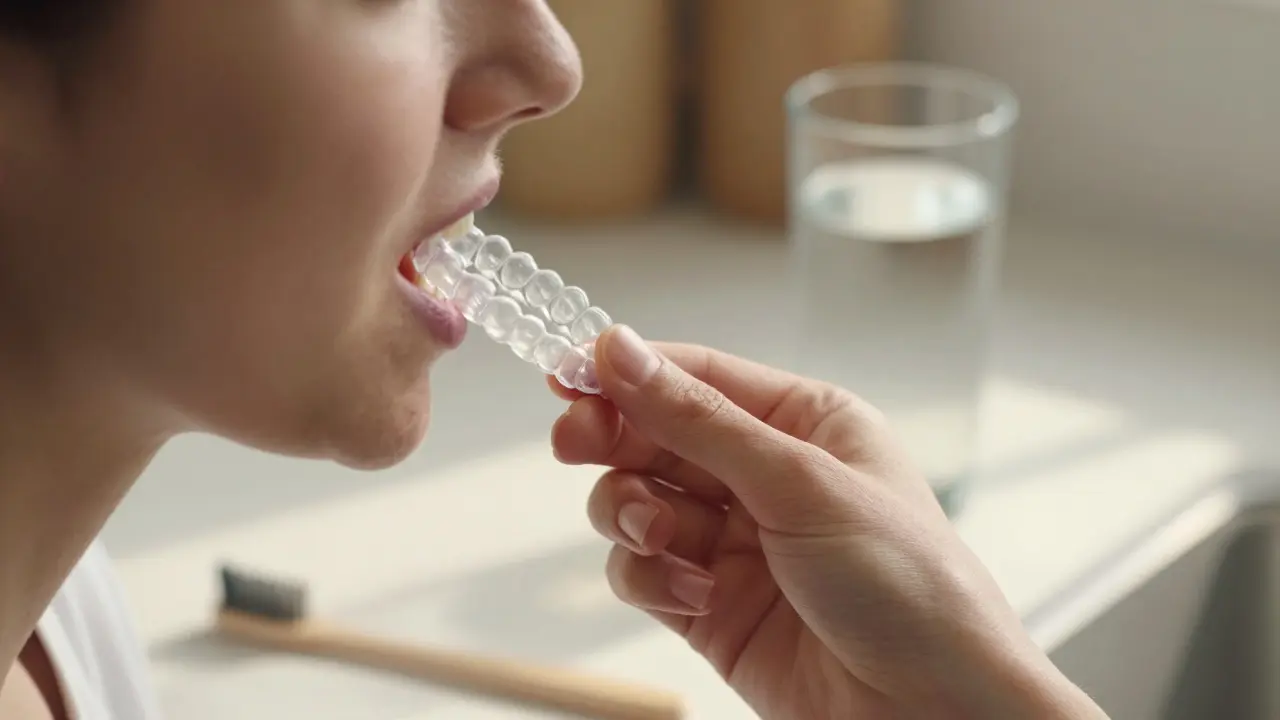 Ruky sundávají průhledné plastové rovnátka z úst v kuchyni.