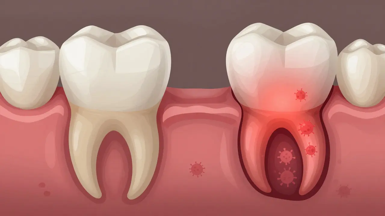 Srovnání zdravých a nemocných dásní s odstupujícími dásněmi a zviditelněným kořenem zubu.