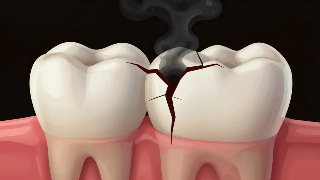 Svislá prasklina v zubu, která se táhne až ke kořeni s příznaky infekce
