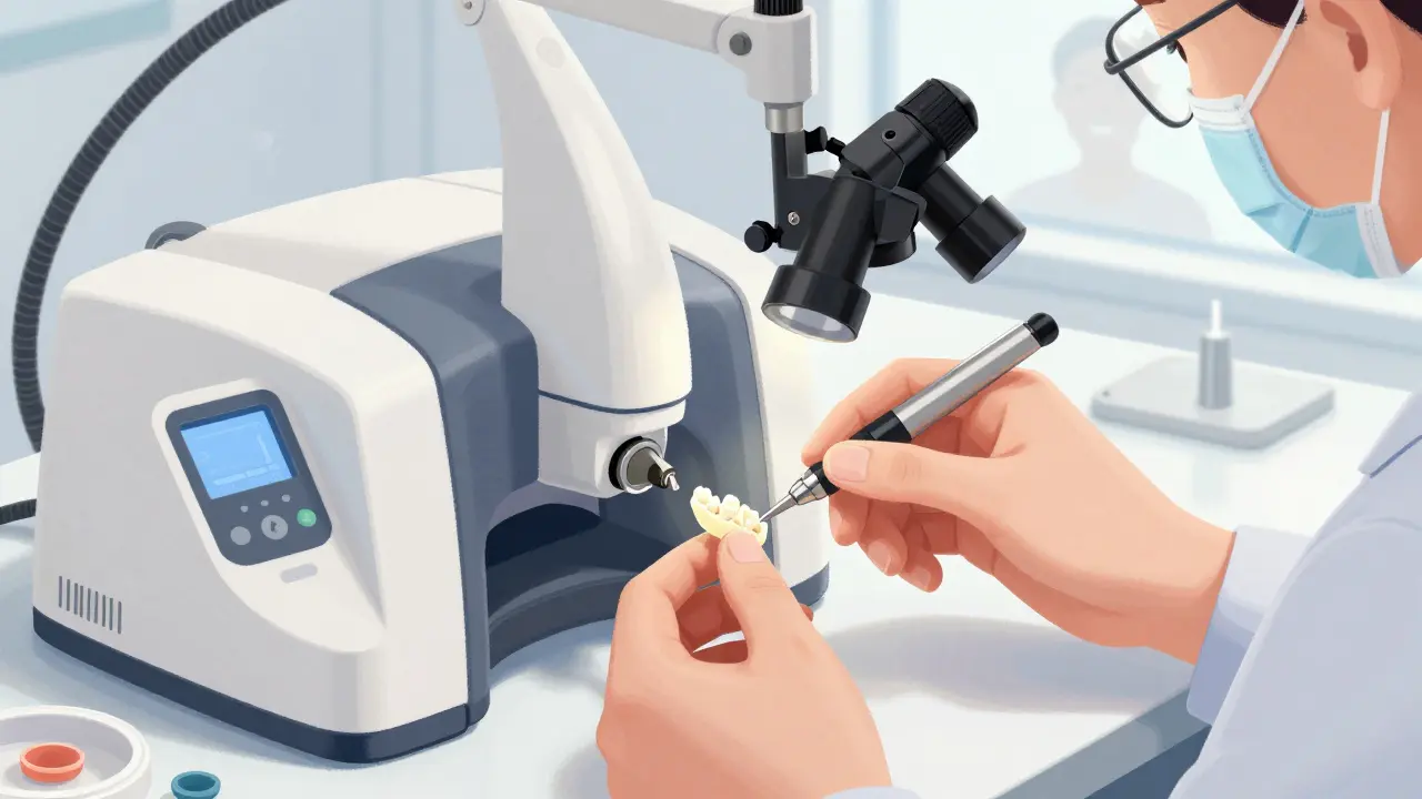 Technik v zubní laboratoři vyrábí tenkou keramickou fazetu pomocí digitální technologie.