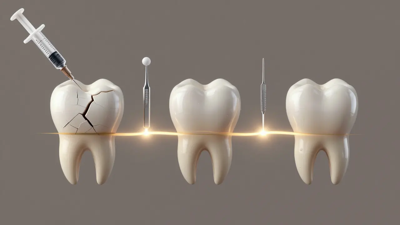 Timeline showing infected tooth transforming into restored tooth with crown.