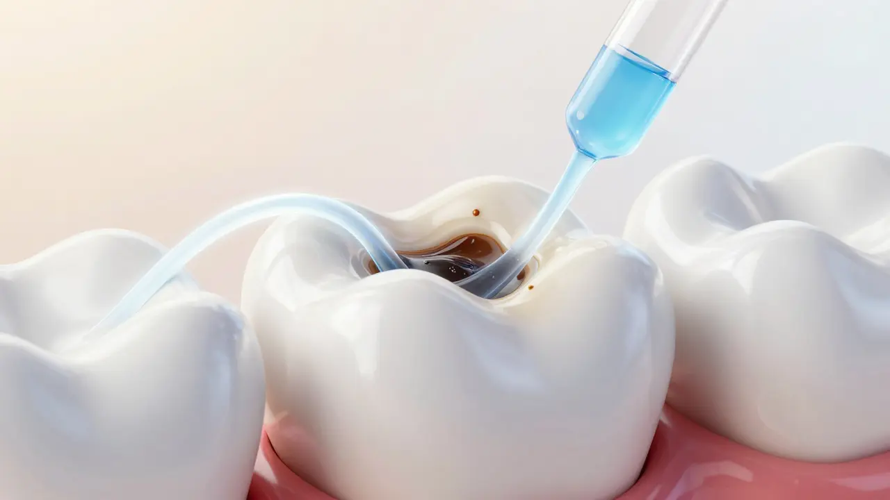 Vnitřní struktura zubní skloviny s bílými molekulami odstraňujícími tmavé skvrny.