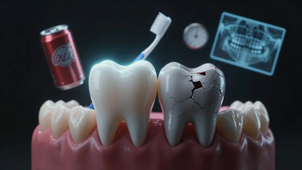 Zdravý zub vedle prorezavělého, s symboly rizikových faktorů.