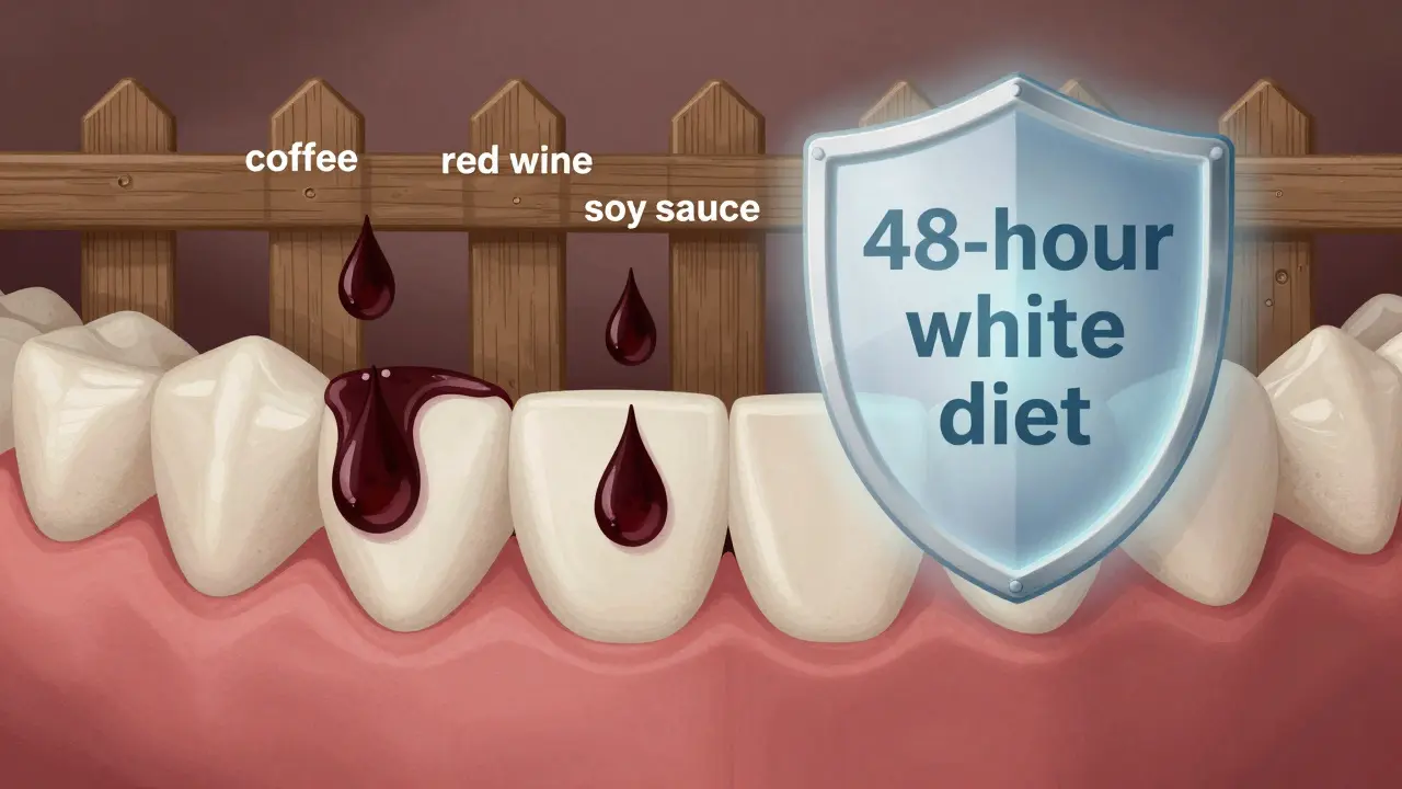 Zuby jako dřevěný plot s tmavými skvrnami a ochranným štítkem 48 hodin.