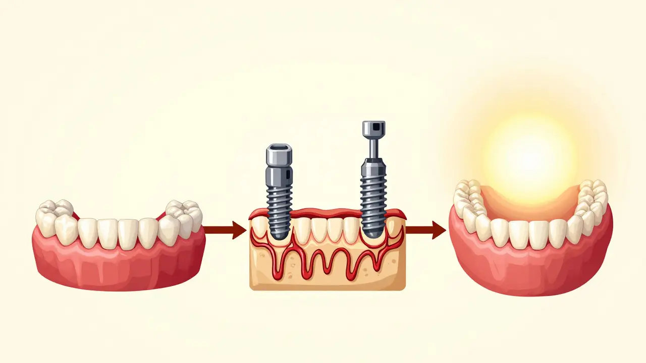 Časová osa rekonstrukce chrupu: od poškozených zubů přes implantace k plnému zotavení.