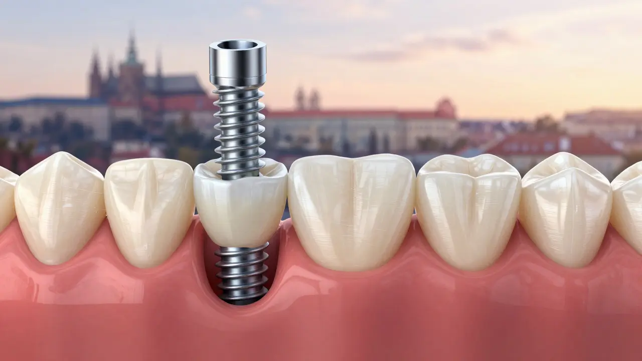 Ceramic dental crown mounted on a titanium implant with natural tooth texture.