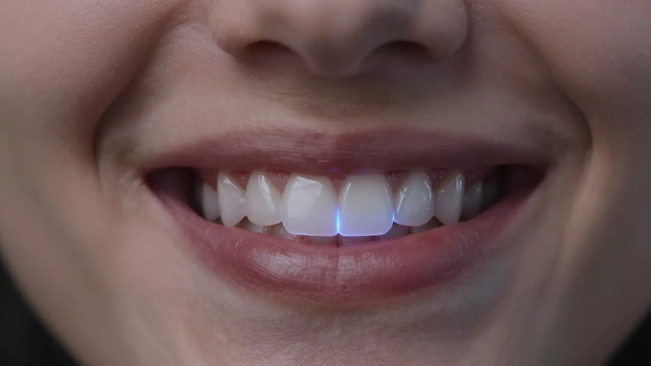 Close-up of a smile with composite veneers glowing under UV light, highlighting natural texture.