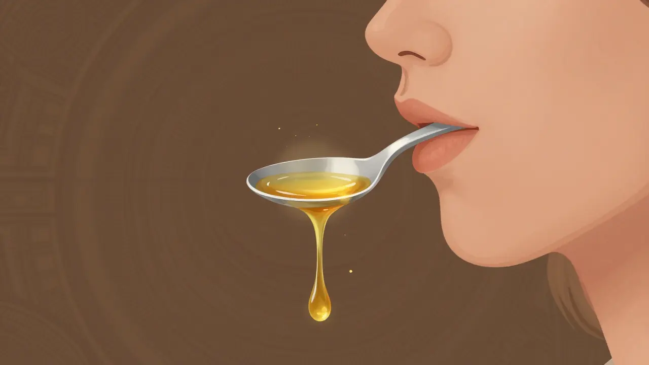 Člověk provádí olejové vytahování s kokosovým olejem v ústech.