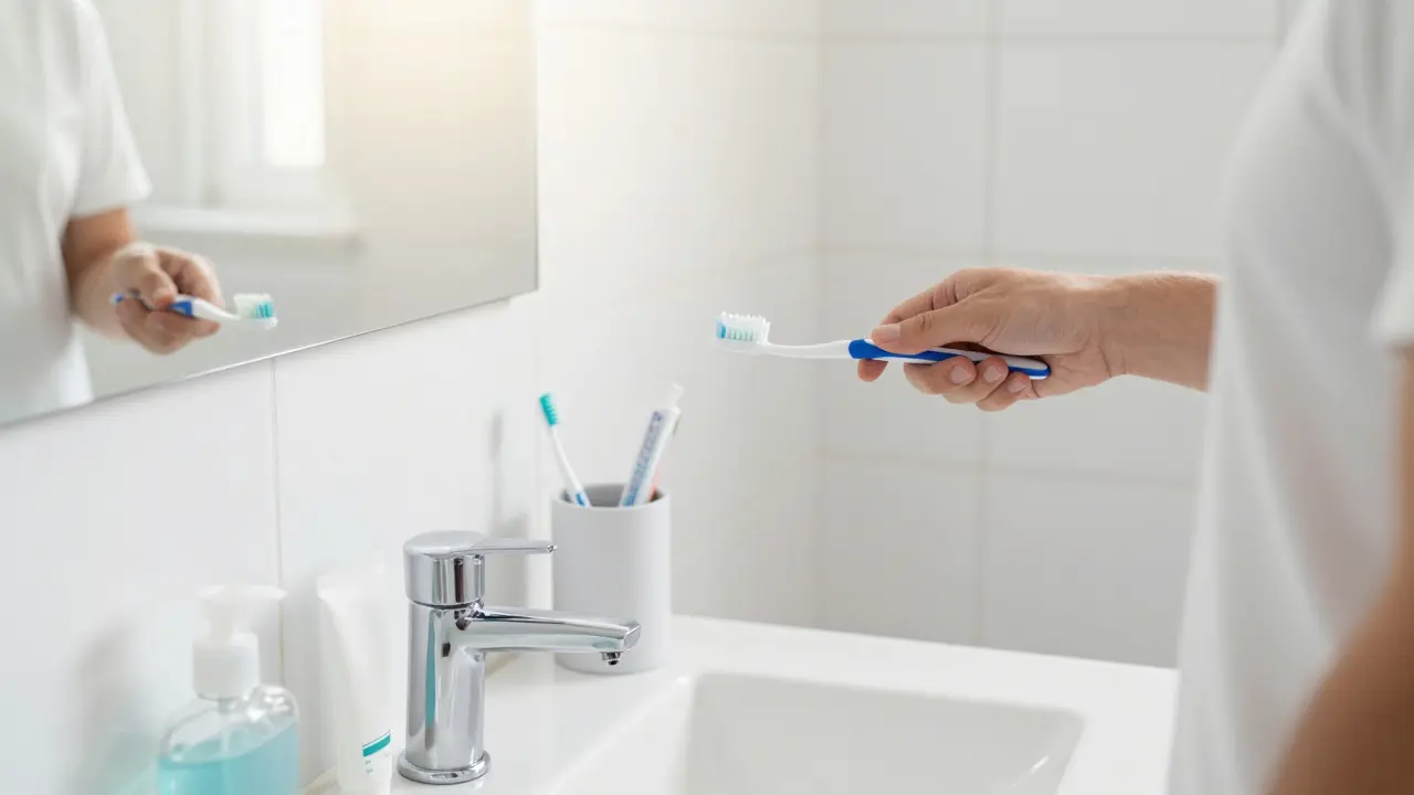 Člověk správně čistí zuby kartáčem u dásní