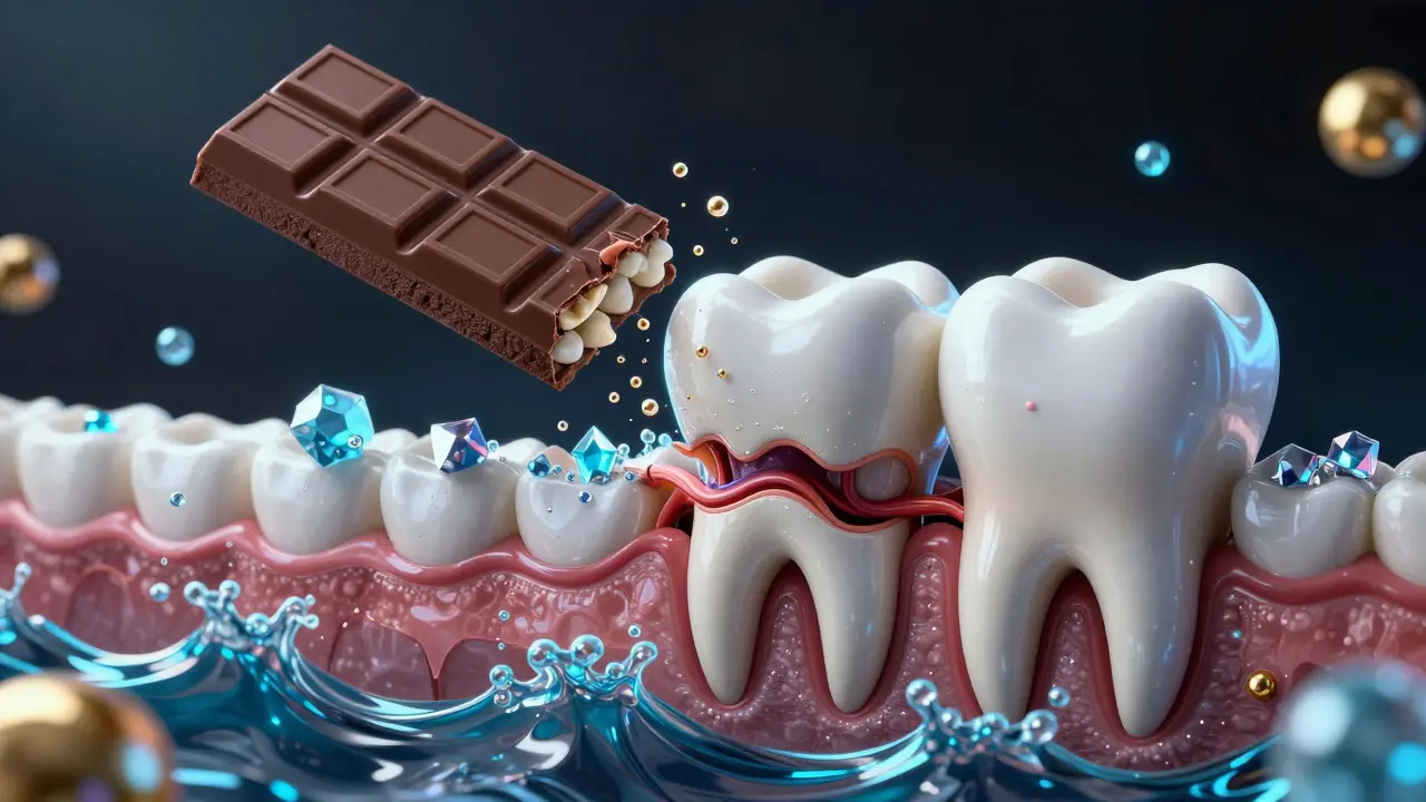 Cyklus poškozování a obnovy zubní sklovačky: sladké potraviny vs. hydroxyapatit a fluorid.