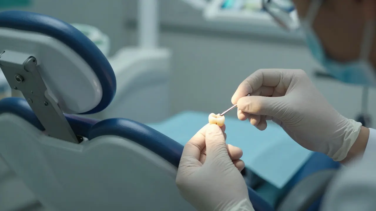 Dentista přilepuje porcelánovou korunku na zbarvený zub v klinice.